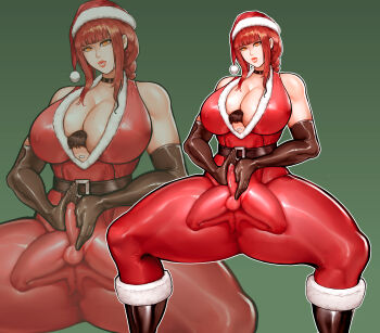 1boy 1girl alternate_costume bare_shoulders belt between_breasts braid breast_smother breasts chainsaw_man clothed_female_nude_male cum detached_sleeves ejaculation face_to_breasts feet_out_of_frame femdom giant giantess green_background handjob handjob_under_clothes hat huge_breasts kneeling latex lips long_hair looking_down makima_(chainsaw_man) muscular muscular_female nude panda-k red_hair santa_costume santa_hat size_difference squatting tall_female teasing yellow_eyes