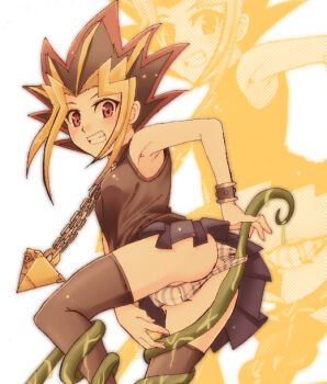 1girl ass colored_bangs female_focus genderswap genderswap_(mtf) jewelry millennium_puzzle muto_yugi panties pantyshot pendant skirt slime_(substance) solo striped_clothes striped_panties tentacles thighhighs underwear upskirt uyutan yami_yugi yu-gi-oh! yu-gi-oh!_duel_monsters zettai_ryouiki zoom_layer