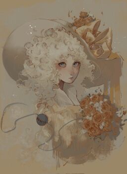 1girl alternate_costume blue_eyes bouquet bow closed_mouth collared_shirt cropped_torso extra_ears eyelashes flower grey_background hashtag-only_commentary hat hat_bow hat_flower hatsburg highres holding holding_bouquet komeiji_koishi light_blush lips long_sleeves looking_at_viewer messy_hair orange_flower orange_rose puffy_long_sleeves puffy_sleeves realistic rose shirt short_hair simple_background solo sun_hat third_eye touhou white_flower white_hair white_hat white_rose yellow_bow yellow_shirt