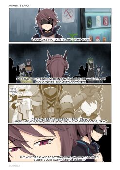 1boy 4koma absurdres arknights brown_eyes brown_hair ch'en_(arknights) comic crying doctor_(arknights) english_text flashback highres horns hoshiguma_(arknights) kal'tsit_(arknights) lappland_(arknights) mask multiple_girls nez-3 tears texas_(arknights) yato_(arknights)