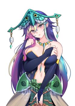 1girl absurdres bare_shoulders black_bridal_gauntlets black_dress blue_eyes breasts bridal_gauntlets commentary commission cowboy_shot crossed_bangs double-parted_bangs dress english_commentary gradient_hair green_skirt hair_between_eyes hand_on_own_chest highres jewelry long_hair looking_at_viewer medium_breasts multicolored_hair navel original parted_lips purple_hair ryuuxin simple_background skirt solo watermark white_background