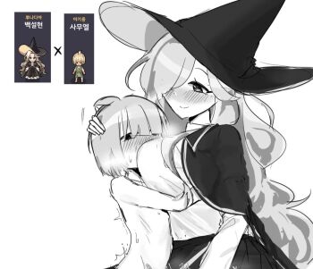 1boy 1girl age_difference aged_down baek_seol-hyeon between_breasts blush breast_smother breasts cape face_to_breasts greyscale hair_over_one_eye hat head_between_breasts hetero hug large_breasts long_hair monochrome nude onee-shota reference_inset samuel_(zombie_high_school) short_hair shota simple_background sketch smile sweat user_jpsj3772 user_jpsj3772 white_background witch witch_hat zombie_high_school
