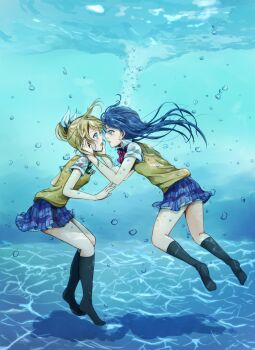 Rule 34 | 10s, 2girls, absurdres, air bubble, ayase eli, black socks, blonde hair, blue eyes, breath, bubble, caustics, highres, kneehighs, lilylion26, love live!, love live! school idol project, multiple girls, no shoes, petticoat, ponytail, school uniform, skirt, slip showing, socks, sonoda umi, underwater, yuri