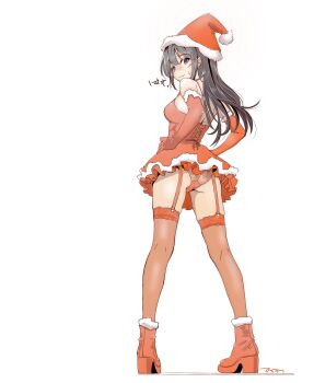 1girl absurdres asashio_(kancolle) ass black_hair blush boots breasts cameltoe commentary_request dress elbow_gloves from_behind fur-trimmed_boots fur-trimmed_dress fur-trimmed_gloves fur-trimmed_headwear fur_trim gloves grey_eyes hair_between_eyes hat high_heel_boots high_heels highres kantai_collection long_hair looking_at_viewer looking_back medium_breasts panties red_boots red_dress red_gloves red_hat red_panties red_thighhighs santa_costume santa_dress santa_hat short_dress sleeveless sleeveless_dress smile solo tada_(tactical_tada) thighhighs underwear