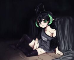 1girl ahoge animated bandaid bandaid_on_chest bandaid_on_finger bandaid_on_hand bandaid_on_thigh black_hair black_shirt black_socks bottomless clavicles elfinpsyop green_eyes green_hair horns indie_virtual_youtuber loli long_hair looking_to_the_side loose_clothes loose_shirt mechanical_horns neck pointy_ears progress seori091 shirt sitting socks solo tagme video virtual_youtuber white_background
