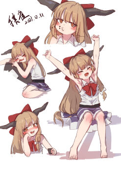 1girl absurdres armpits bare_arms bare_legs barefoot blue_skirt blush bow bowtie brown_hair chinese_commentary closed_eyes commentary dated drooling drunk hair_bow highres horns ibuki_suika long_hair looking_at_viewer low-tied_long_hair mouth_drool multiple_views musical_note nose_blush o3o oni rangque_(user_vjjs4748) red_bow red_bowtie shirt simple_background sitting skirt sleeping sleeveless sleeveless_shirt smile stretching tears toes touhou translation_request very_long_hair whistling white_background white_bow white_shirt yawning