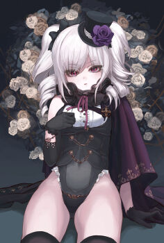 1girl absurdres breasts cape drill_hair flower flower_wreath gloves hat highres idolmaster idolmaster_cinderella_girls kanzaki_ranko kiichirou leotard long_hair looking_at_viewer parted_lips red_eyes rose small_breasts solo thighhighs top_hat twin_drills white_hair