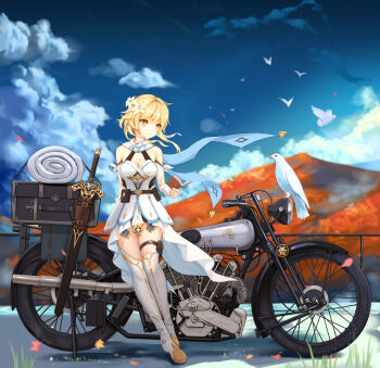 1girl autumn bare_shoulders bedroll belt belt_pouch bird blonde_hair book boots breasts brown_belt cleavage cloud cloudy_sky commentary commission crossover detached_sleeves dress english_commentary english_text feather_hair_ornament feathers floating_clothes flower full_body genshin_impact hair_flower hair_ornament hermes_(kino_no_tabi) highres holding holding_book kino_no_tabi large_breasts leaning_against_motorcycle looking_to_the_side lumine_(genshin_impact) motor_vehicle motorcycle mountain outdoors pouch sheath sheathed short_hair_with_long_locks sky solo standing suitcase sword textless_version thigh_boots thigh_pouch thigh_strap thighhighs voice_actor_connection weapon white_bird white_boots white_dress white_flower wind yellow_eyes yuzuriha_(atelier_liang) zettai_ryouiki