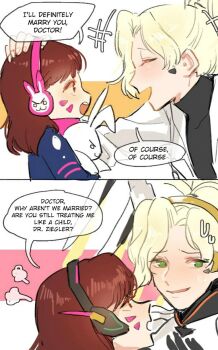 2girls age_difference age_progression blonde_hair brown_eyes brown_hair child comic d.va_(overwatch) english_text facial_mark giji-p green_eyes headphones highres lab_coat long_hair marriage_proposal mercy_(overwatch) multiple_girls open_mouth overwatch overwatch_1 ponytail stuffed_toy turtleneck yuri