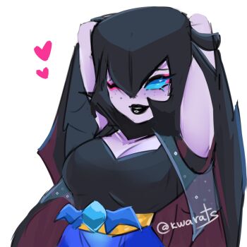 1girl armpits arms_behind_head arms_up artist_request bat_signal black_cape black_gloves black_hood black_lips black_shirt blue_eyes blue_gemstone blue_skirt breasts cape character_request clash_royale eyeshadow freckles gem gloves gold_bow heart hood hood_up large_breasts looking_at_viewer makeup no_pupils one_eye_closed pink_eyeshadow shirt simple_background skirt sleeveless sleeveless_shirt smile solo upper_body white_background