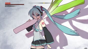 1girl aqua_hair artist_name belt black_belt black_skirt black_sleeves blue_eyes boss_fight breasts character_name closed_mouth collared_shirt commentary cowboy_shot detached_sleeves food from_side grey_shirt hair_between_eyes hair_ornament hatsune_miku headset health_bar highres holding holding_food holding_spring_onion holding_vegetable holding_weapon jebi long_hair loose_belt miniskirt number_tattoo oversized_food oversized_object parody pleated_skirt sekiro:_shadows_die_twice shadow shirt shoulder_tattoo skirt sleeveless sleeveless_shirt small_breasts smile solo spring_onion standing tattoo thighhighs tie_clip twintails unconventional_weapon vegetable very_long_hair vocaloid weapon zettai_ryouiki