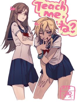 Rule 34 | 2girls, ;q, blonde hair, blue eyes, blue sailor collar, blue skirt, bracelet, brown hair, closed mouth, commentary request, crossed arms, dark-skinned female, dark skin, feet out of frame, fingers to mouth, genderswap, genderswap (mtf), glasses, gyaru, hand on own thigh, jade curtiss, jewelry, leaning forward, long hair, looking at viewer, multiple girls, neckerchief, one eye closed, peony ix, pleated skirt, red eyes, red neckerchief, sailor collar, school uniform, serafuku, short hair, short sleeves, skirt, tales of (series), tales of the abyss, tongue, tongue out, white serafuku, ybee (auecoe y)