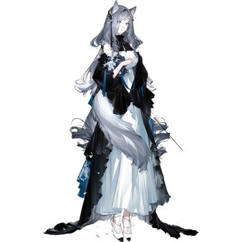 Rule 34 | 1girl, above-cleavage cutout, animal ears, arknights, blue eyes, breasts, cat ears, cat tail, chuzenji, clothing cutout, detached sleeves, dress, drill hair, full body, golding (arknights), hairband, hand on own chest, long hair, looking at viewer, official art, shoes, solo, tail, transparent background, white shoes