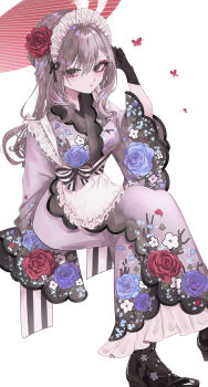 1girl absurdres alternate_costume apron arm_up black_gloves black_shoes brown_eyes bug butterfly closed_mouth commentary_request crossed_legs floral_print flower gloves goddess_of_victory:_nikke grey_hair hair_between_eyes hair_flower hair_ornament highres insect long_hair looking_at_viewer maid_headdress po_poko red_butterfly red_flower red_rose rose scarlet_(nikke) shoes simple_background sitting solo very_long_hair white_apron white_background wide_sleeves