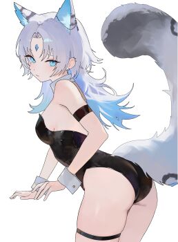 1girl absurdres animal_ear_fluff animal_ear_piercing animal_ears arm_strap ass bare_shoulders black_leotard blue_eyes blue_gem blue_hair breasts commentary cowboy_shot detached_collar ear_piercing forehead_jewel from_behind gem highres indie_virtual_youtuber large_breasts leotard looking_at_viewer luciwuzi_(vtuber) multicolored_hair nbee_ya parted_lips piercing simple_background sleeveless solo strapless strapless_leotard tail tail_raised thigh_strap thighs two-tone_hair white_background white_hair white_wrist_cuffs wrist_cuffs