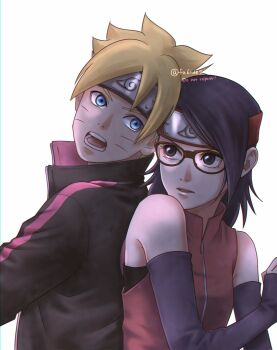 1boy 1girl back-to-back black_arm_warmers black_eyes black_hair black_headband black_jacket blonde_hair blue_eyes boruto:_naruto_next_generations chromatic_aberration commentary_request facial_mark forehead_protector glasses headband highres jacket konohagakure_symbol matsu_(fu6ide2) medium_hair naruto_(series) open_mouth red-framed_eyewear red_headband twitter_username uchiha_sarada uzumaki_boruto whisker_markings
