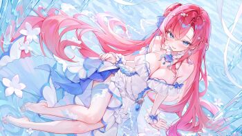1girl alllisso barefoot blue_eyes blush braid breasts cleavage commentary_request dress fantasy floating flower frills highres jewelry long_hair lying ocean pink_hair ribbon shells water