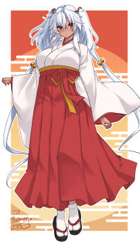 1girl absurdres alternate_costume blush breasts brown_eyes commentary_request dark-skinned_female dark_skin dated full_body geta glasses grey_hair hair_between_eyes hakama hakama_skirt highres japanese_clothes kantai_collection kimono large_breasts long_hair long_sleeves looking_at_viewer mashiro_yukiya miko musashi_(kancolle) musashi_kai_ni_(kancolle) rectangular_eyewear red_hakama semi-rimless_eyewear signature skirt smile solo twintails very_long_hair white_background white_kimono wide_sleeves