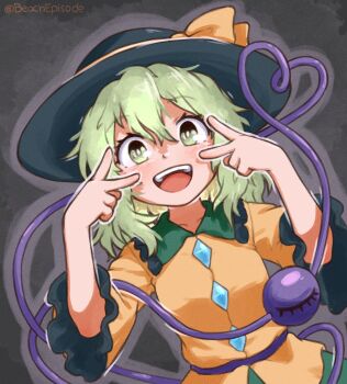 1girl :d absurdres beachepisode black_hat collared_shirt commentary disembodied_linked_eye double_v english_commentary frilled_shirt_collar frilled_sleeves frills green_eyes green_hair hair_between_eyes hat hat_ribbon heart heart_of_string highres komeiji_koishi long_hair long_sleeves open_mouth ribbon shirt smile solo teeth touhou twitter_username upper_teeth_only v yellow_ribbon yellow_shirt