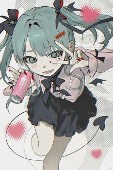 1girl black_mask black_ribbon black_skirt black_wings blue_eyes blue_hair blush can commentary_request demon_tail ear_piercing facial_mark frilled_shirt frills hair_ornament hair_rings hatsune_miku heart heart_facial_mark heart_hair_ornament highres holding holding_can jirai_kei long_hair m888992l7 mask_pull mini_wings monster_energy nail_polish neck_ribbon piercing pink_shirt red_nails ribbon shirt skirt solo tail twintails v vampire_(vocaloid) vocaloid wings