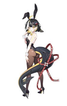 1girl absurdres ahoge animal_ears ass bare_shoulders black_hair black_leotard black_shoes bow bowtie breasts brown_pantyhose commission detached_collar dorsal_fin fins fish_tail from_behind full_body hair_ornament hairclip hand_up high_heels highleg highleg_leotard highres leotard looking_back medium_breasts multicolored_hair original pantyhose playboy_bunny rabbit_ears shark_girl shark_tail shoes simple_background slit_pupils solo strapless strapless_leotard streaked_hair tail tongue tongue_out v-shaped_eyebrows white_background wrist_cuffs yellow_eyes ysoa26