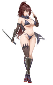 1girl bare_shoulders bikini black_bikini black_thighhighs blush breasts brown_hair closed_mouth commission full_body hand_up highres holding holding_weapon kneehighs kunai large_breasts long_hair looking_at_viewer navel ninja original pixiv_commission ponytail simple_background single_thighhigh smile socks solo standing stomach swimsuit thighhighs thighs toyoman underboob weapon white_background yellow_eyes