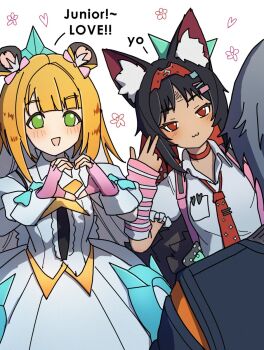 1boy 2girls :3 animal_ear_fluff animal_ears arm_warmers barcode barcode_tattoo black_hair black_skirt blue_jacket blush bow cat_ears cat_girl center_frills chinatsu_remiel chinatsu_remiel_(cosplay) choker closed_mouth colored_inner_hair cosplay dorahdew dress english_text facial_mark fingerless_gloves forehead_mark forehead_tattoo frills fur-trimmed_skirt fur_trim gloves green_eyes grey_hair hair_bow hairband hand_up heart heart_hands highres jacket ju_fufu leaning_to_the_side multicolored_hair multiple_girls multiple_hair_clips necktie nekomiya_mana no_pupils open_mouth pink_arm_warmers pink_bag pink_bow pink_gloves red_choker red_eyes red_hairband red_necktie shirt short_hair simple_background skirt striped_arm_warmers striped_fur striped_hair tattoo tiger_ears tiger_girl tiger_stripes triangle triangle_facial_mark white_background white_dress white_shirt wise_(zenless_zone_zero) yutane_johiel yutane_johiel_(cosplay) zenless_zone_zero