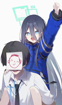 1boy 1girl absurdres aris_(blue_archive) arm_up black_hair black_necktie blue_archive blue_eyes blue_jacket bright_pupils carrying carrying_person clenched_hand collared_shirt cosplay diana_(pragmata) diana_(pragmata)_(cosplay) doodle_sensei_(blue_archive) hair_between_eyes halo hand_on_another's_shoulder highres jacket lanyard long_hair long_hair_between_eyes long_sleeves looking_at_viewer n_sol necktie open_mouth paper_on_head piggyback pragmata sensei_(blue_archive) shirt short_hair simple_background very_long_hair white_background white_shirt