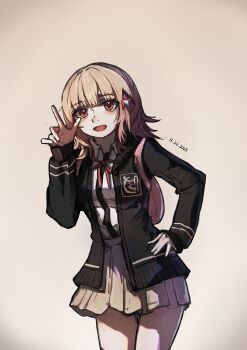 1girl absurdres backpack bag blush breasts brown_hair collared_shirt commentary_request danganronpa_(series) danganronpa_2:_goodbye_despair dated flipped_hair hair_ornament highres hood jacket long_sleeves looking_at_viewer medium_hair nanami_chiaki neck_ribbon open_clothes open_jacket pink_bag pink_eyes pink_ribbon pleated_skirt ribbon shirt shirt_tucked_in skirt smile solo user_nrc9243 white_shirt