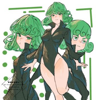 1girl annoyed black_dress black_shoes blush breasts closed_mouth covered_navel cowboy_shot dress from_side green_eyes green_hair half-closed_eyes long_sleeves looking_at_viewer looking_up multiple_views no_panties oftooon one-punch_man polka_dot polka_dot_background shoes short_hair small_breasts standing standing_on_one_leg tatsumaki upper_body v-shaped_eyebrows watermark wavy_hair white_background wide_sleeves