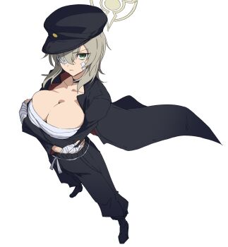 Rule 34 | 1girl, alternate costume, arms under breasts, bandaged hand, bandages, bandaid, bandaid on cheek, bandaid on face, black hat, black pants, black shirt, black shoes, blue archive, breasts, brown hair, brown halo, cleavage, closed mouth, collarbone, commentary request, crossed arms, delinquent, foreshortening, from above, frown, full body, gakuran, gauze, gauze over eye, green eyes, halo, hat, highres, large breasts, long sleeves, looking at viewer, medium hair, momomatang, one eye covered, open clothes, open shirt, pants, peaked cap, sarashi, school uniform, shirt, shoes, simple background, solo, standing, suou (blue archive), upturned eyes, v-shaped eyebrows, white background