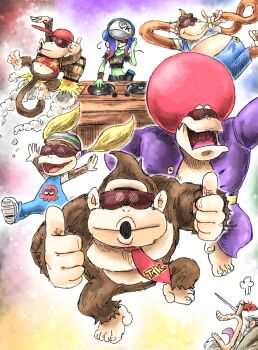2girls afro anger_vein baseball_cap blonde_hair blue_overalls chunky_kong colored_skin cranky_kong dedf1sh diddy_kong dj donkey_kong donkey_kong_(series) donkey_kong_64 furry furry_female furry_male gorilla green_skin hat headphones_over_headwear highres kicdon lanky_kong midriff monkey_tail multiple_girls nintendo nintendo_switch octoling open_mouth overalls red-tinted_eyewear sideways_hat splatoon_(series) star_(symbol) tail tentacle_hair thumbs_up tinted_eyewear tiny_kong