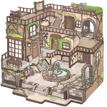 2boys 4girls :d animal bag bear blonde_hair blue_eyes bread brown_shoes chair chigu closed_eyes closed_mouth commentary_request dog door dress fish floorplan flower food fountain green_dress green_eyes green_hair heterochromia highres long_sleeves multiple_boys multiple_girls open_mouth original pantyhose paper_bag rabbit red_eyes shoes short_hair short_sleeves sign sitting smile speech_bubble spoken_animal stairs standing striped_clothes striped_pantyhose table thought_bubble walking window