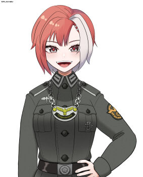 belt belt_buckle buckle buttons cross grey_eyes hand_on_own_hip highres iron_cross jewelry koalakanru long_sleeves military_police military_uniform multicolored_hair necklace open_mouth original red_hair reichsadler short_hair swastika tongue wehrmacht world_war_ii