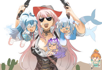 4girls black_choker black_headwear blue_eyes blue_hair bodice breasts choker cleavage collared_shirt cowboy cowboy_hat cowboy_western cropped_hoodie drawstring earrings father_and_daughter feather_earrings feathers fins fish_tail gawr_gura gawr_gura_(1st_costume) gun handgun hat hololive hololive_english hololive_indonesia hood hoodie jacket jewelry kobo_kanaeru kobo_kanaeru_(1st_costume) koseki_bijou large_breasts liquid_hair long_hair long_sleeves looking_at_viewer low-cut medium_hair mori_calliope mori_calliope_(sheriff) multicolored_hair multiple_girls official_alternate_costume open_mouth pink_hair raincoat revolver set7 shark_girl shark_tail sheriff sheriff_badge shirt skull_choker sleeves_past_fingers sleeves_past_wrists smile streaked_hair tail takanashi_kiara takanashi_kiara_(dirndl) two-tone_hair virtual_youtuber weapon western white_hair white_hoodie white_shirt