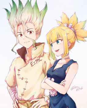 Rule 34 | 1boy, 1girl, bandaged arm, bandages, belt, blonde hair, blue dress, blue eyes, breasts, brown belt, choker, cleavage, cleavage cutout, closed mouth, clothing cutout, collarbone, commentary request, crossed arms, dr. stone, dress, e=mc2 (equation), facial mark, gradient hair, green eyes, green hair, hair between eyes, hands on own hips, implied hetero, ishigami senkuu, kohaku (dr. stone), medium hair, multicolored hair, open mouth, ponytail, red eyes, rope, rope around waist, sidelocks, simple background, sleeveless, sleeveless dress, smile, spiked hair, teeth, tsukisaka iro, twitter username, two-tone hair, upper teeth only, white background, white choker, white rope