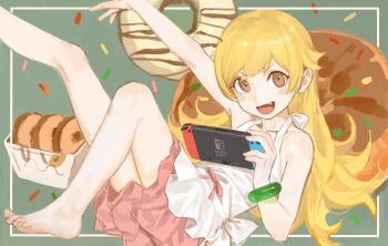 1girl apron arm_up back_bow bare_arms bare_legs barefoot blonde_hair blush_stickers bow bow_apron bracelet brown_eyes chocolate_donut collarbone donut fang flipped_hair food foot_out_of_frame from_side full_body green_background hair_between_eyes hair_flaps halterneck hand_up handheld_game_console highres holding holding_handheld_game_console inset_border jewelry knee_up leaning_on_object leg_up long_hair looking_at_viewer monogatari_(series) nintendo_switch open_mouth oshino_shinobu outside_border outstretched_arm outstretched_leg oversized_food oversized_object pastry_box pink_skirt reclining red_bow sidelocks skirt smile solipsist solo sprinkles v-shaped_eyebrows very_long_hair waist_bow white_apron white_bow