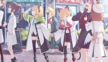 6+girls absurdres animal_ear_headphones animal_ears bag bag_charm black_sailor_collar black_serafuku black_shorts black_skirt black_thighhighs blonde_hair blue_archive boots brown_hair bush cat_ear_headphones cat_ears charm_(object) closed_eyes closed_mouth cloud coat collared_shirt commentary_request day fake_animal_ears from_side gen_1_pokemon glasses green_eyes hair_ribbon halo hat headphones high_heels highres holding_hands long_sleeves mask midori_(blue_archive) momoi_(blue_archive) mouth_mask multiple_girls neckerchief nintendo open_clothes open_coat outdoors pantyhose pikachu pokemon ponytail purple_hair red_neckerchief ribbon sailor_collar sarashi school_uniform serafuku shading_eyes shirt short_shorts shorts sign skirt sky sleeves_past_fingers sleeves_past_wrists soeyumi standing thighhighs walking white_coat white_hat white_pantyhose white_ribbon white_shirt wings yawning