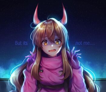 1girl ahoge among_us artist_name artist_self-insert backlighting brown_hair commentary demon_horns english_commentary english_text gloves hair_between_eyes hands_up horns kuwaiti_flag lips long_hair long_sleeves looking_at_viewer open_mouth original pink_gloves pink_shirt red_horns sasucchi95 shaded_face shirt solo space sweatdrop tearing_up turtleneck upper_body wavy_hair wide-eyed yellow_eyes