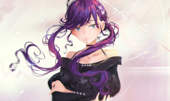 Rule 34 | 1girl, absurdres, black dress, blue eyes, braid, collarbone, commentary, crossed arms, dress, expressionless, floral print, flower, gakuen idolmaster, hair flower, hair ornament, halterneck, highres, idolmaster, kaya rinha, long hair, looking at viewer, off-shoulder dress, off shoulder, purple hair, rose print, sidelocks, solo, sparkle, superhoikoro, swept bangs, twintails, upper body, white flower