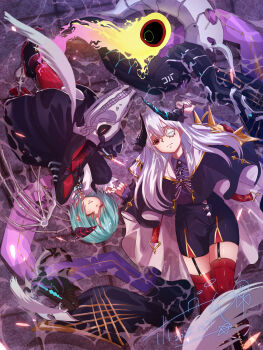 Rule 34 | 2girls, absurdres, aqua hair, black dress, black skirt, blue hair, bone, boots, bungo yayoi, capelet, closed eyes, closed mouth, cross, demon horns, dress, eyepatch, from above, garter straps, heaven burns red, highres, holding hands, holmes hvbn, horns, long hair, long sleeves, lying, monocle, multiple girls, necktie, on back, on side, one eye covered, pencil skirt, red eyes, red thighhighs, shirt, short hair, skeleton, skirt, skull, sleeping, smile, spine, tail, thighhighs, white hair, yamawaki bon ivar