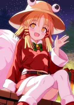 1girl bell belt blonde_hair blush boots bow bowtie box brown_hat christmas commentary_request fur-trimmed_boots fur-trimmed_skirt fur-trimmed_sleeves fur_trim gift gift_box green_bow green_bowtie hair_ribbon hat highres long_sleeves looking_at_viewer mist9801km moriya_suwako neck_bell night open_mouth red_boots red_ribbon red_shirt red_skirt ribbon sack santa_costume shirt sitting skirt sky smile solo thighhighs touhou white_thighhighs wide_sleeves yellow_eyes