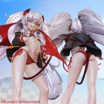 1girl 3d absurdres albino ass bikini bombergirl breasts demon_girl demon_horns demon_tail evo_grim figure_available grim_aloe highres horns jacket kneepits knees leslyzerosix merchandise_available off_shoulder official_art open_clothes open_jacket pubic_tattoo quiz_magic_academy quiz_magic_academy_the_world_evolve red_bikini red_eyes red_horns red_wings side-tie_bikini_bottom skinny small_breasts solo sweat swimsuit tail tattoo tongue tongue_out wet white_hair wings zbrush_(medium)