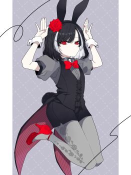 1boy absurdres animal_ear_hairband animal_ears black_hair black_vest bow bowtie choker colored_inner_hair expressionless eyeliner fake_animal_ears floral_print full_body grey_pantyhose grey_shirt hairband hands_up high_heels highres kyogoku_masamune looking_at_viewer makeup male_focus multicolored_hair pantyhose puffy_short_sleeves puffy_sleeves rabbit_ear_hairband rabbit_ears rabbit_pose red_bow red_bowtie red_eyeliner red_eyes red_shoes rose_print seira_jablko shirt shoes short_hair short_sleeves side_part solo tailcoat touken_ranbu trap two-sided_tailcoat two-tone_hair vest wrist_cuffs