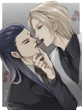 2boys bindi biting blonde_hair blue_eyes candy closed_eyes collar earrings eating eyelashes final_fantasy final_fantasy_vii final_fantasy_vii_remake food food_in_mouth formal_clothes framed fujiko_one hand_on_another's_chin hand_on_another's_face heart highres jewelry long_hair looking_at_another male_focus multiple_boys necktie rufus_shinra short_hair square_enix suit tseng turks_(ff7) twitter_username valentine vest wing_collar yaoi
