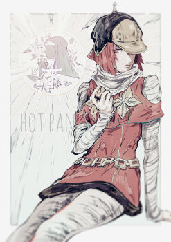 1girl bandages belt black_helmet bob_cut capelet character_name cross dress flower gold_belt grey_scarf grey_sleeves helmet hot_pants_(sbr) jojo_no_kimyou_na_bouken lappet looking_at_viewer mizudama nun pink_capelet pink_dress pink_eyes pink_hair scarf short_hair sitting solo steel_ball_run traditional_nun yellow_helmet