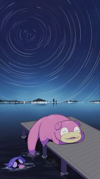 artist_name city_lights dock fang gen_1_pokemon highres horizon in_water mountain mountainous_horizon night night_sky nintendo no_humans outdoors pink_fur pink_tail pokemon pokemon_(creature) pokemon_focus shellder sky slowpoke star_(sky) star_trail tatsumi_(panneko) watermark