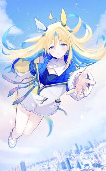 1girl ahoge animal_ears bandeau black_bandeau blonde_hair blue_eyes blue_hair blue_sky blush breasts coat colored_inner_hair commentary_request diamond_hair_ornament ear_covers flying hair_between_eyes hair_ornament highres horse_ears horse_girl horse_tail jacket long_hair long_sleeves looking_at_viewer multicolored_hair neo_universe_(umamusume) neo_universe_(universe-naut)_(umamusume) pof_(peuplierpof) sky small_breasts solo tail two-tone_hair two-tone_tail umamusume white_coat