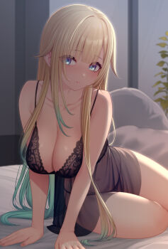1girl aizawa_ema asymmetrical_sidelocks bare_legs bare_shoulders bed black_chemise blonde_hair blue_eyes blush breasts camisole chemise cleavage eyes_visible_through_hair gradient_hair green_hair head_tilt large_breasts lingerie long_hair looking_at_viewer multicolored_hair negligee nikichiho on_bed see-through_camisole see-through_chemise see-through_clothes sidelocks solo underwear underwear_only virtual_youtuber vspo!