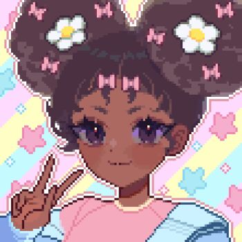 1girl afro_puffs animated animated_gif blinking blue_jacket bow brown_hair commentary commission dark-skinned_female dark_skin double_bun english_commentary flower hair_bow hair_bun hair_flower hair_ornament jacket looping_animation mimpish one_eye_closed open_mouth original pink_shirt pixel_art portrait purple_eyes shirt smile solo star_(symbol) star_symbol_background v very_dark_skin